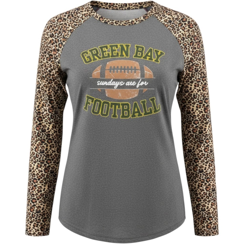 Football Graphic Top Women M Gray Leopard Raglan Green Bay Sundays